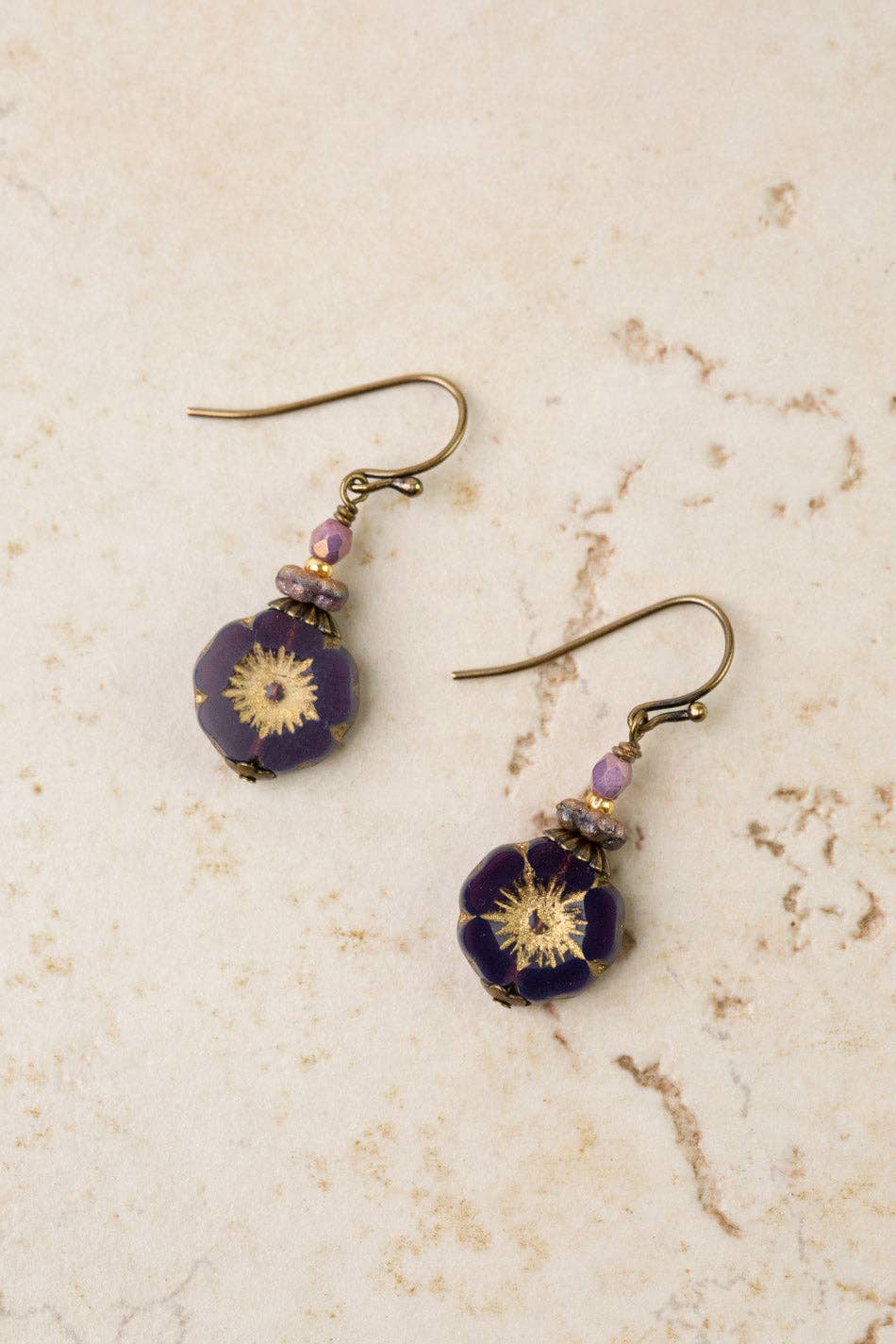 Czech Glass Purple Flower Simple Earrings