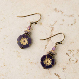 Czech Glass Purple Flower Simple Earrings