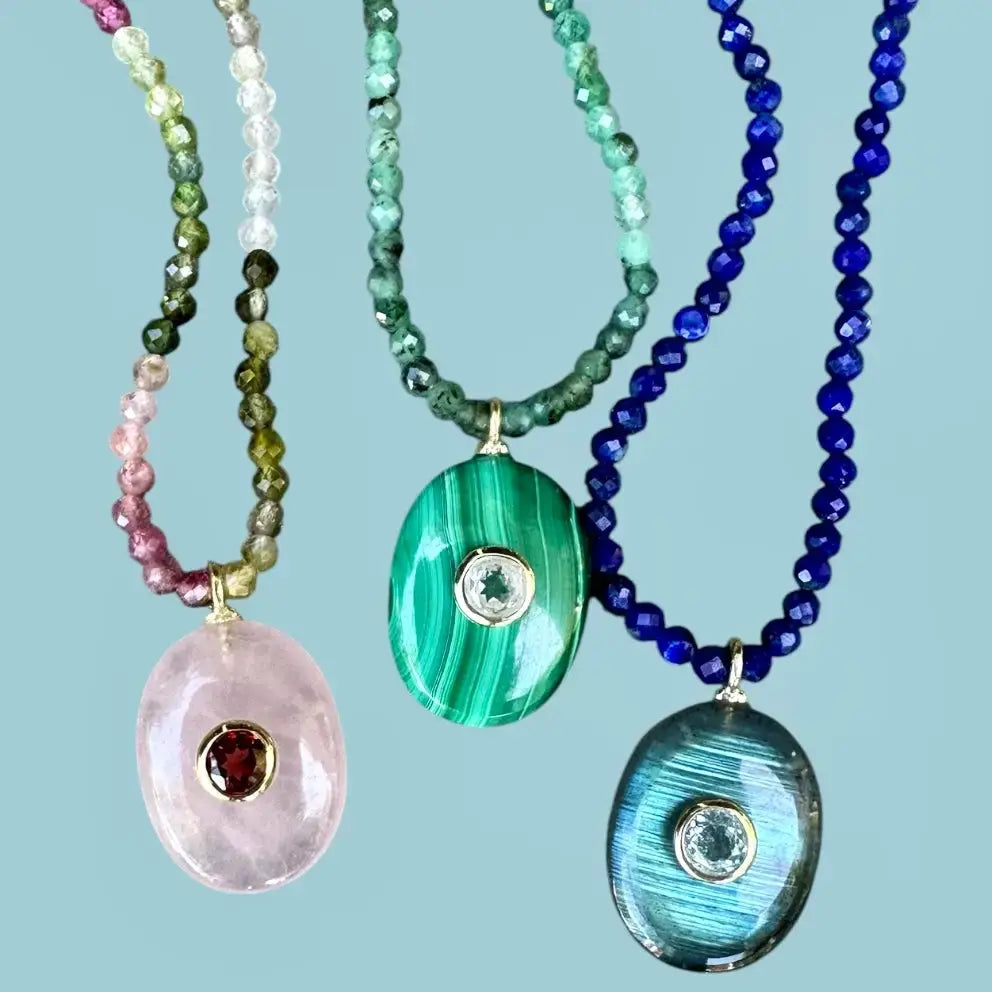 Triple Gemstone Beaded Choker-Malachite, Emerald & Topaz