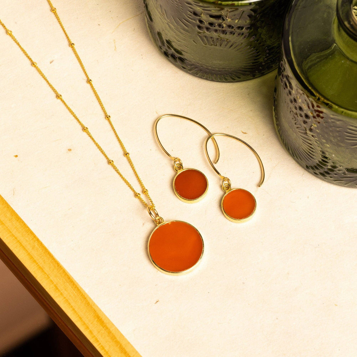 Red Onyx Circles Earrings and Necklace Set (Satellite Chain)