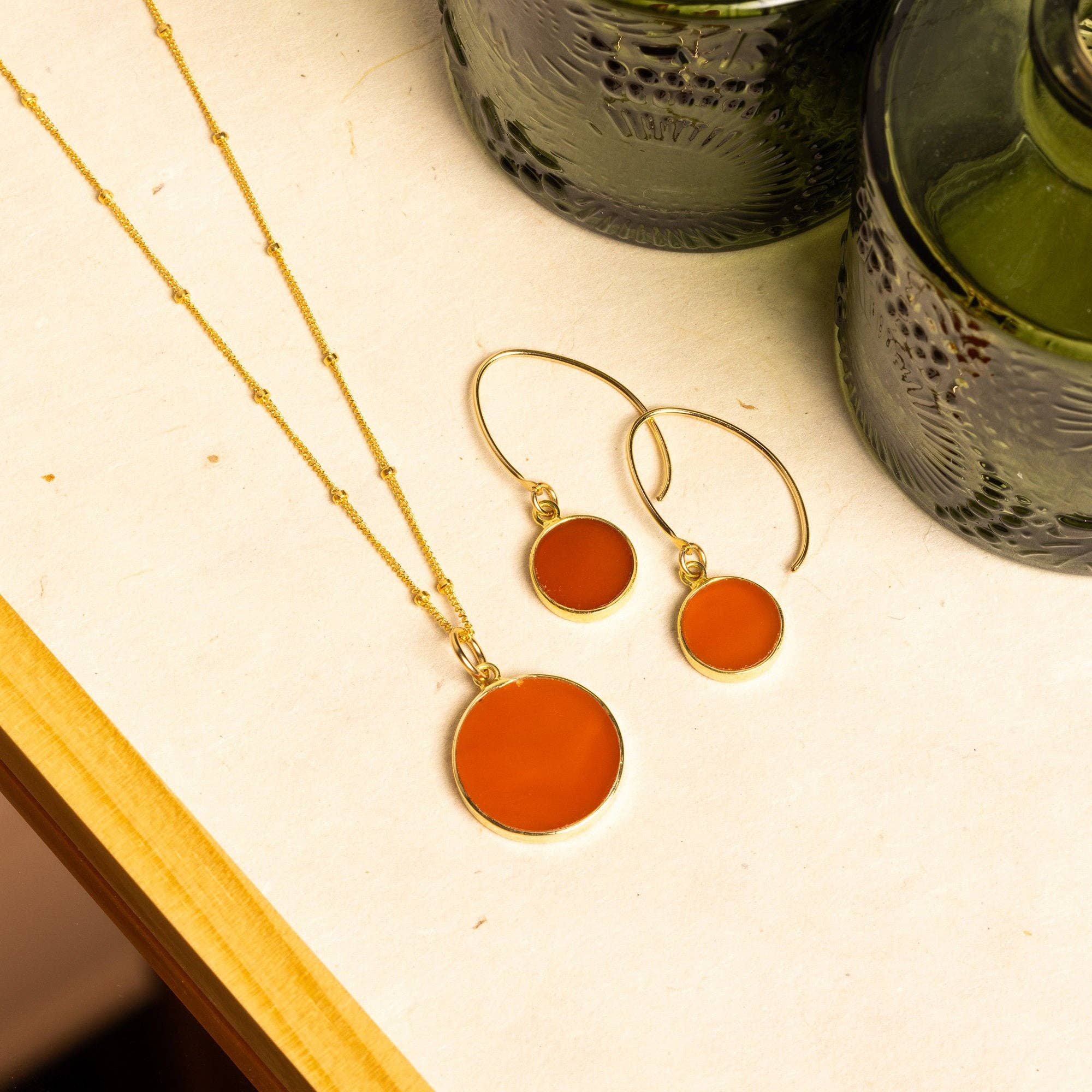 Red Onyx Circles Earrings and Necklace Set (Satellite Chain)