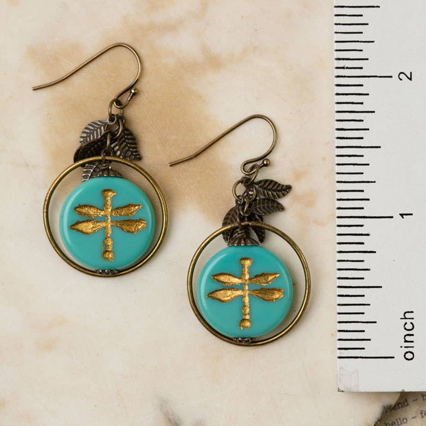 Rustic Creek Antique Brass Leaves With Czech Glass Stamped Dragonfly Hoop Earrings