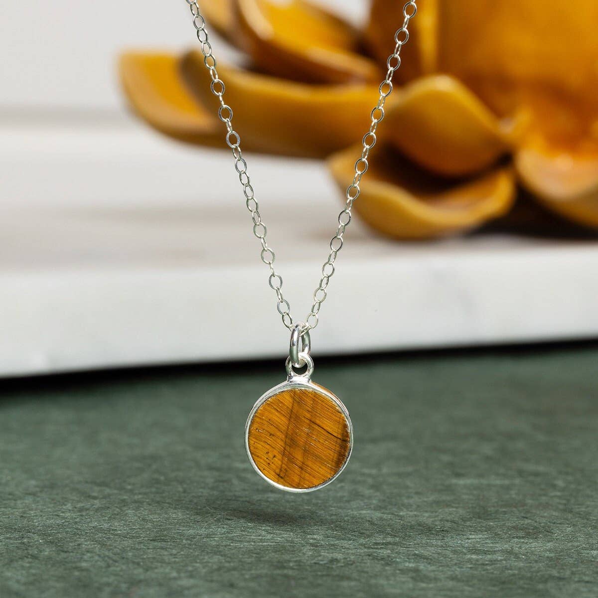 Tiger's Eye 925 Sterling Silver Round Disc Pendant on Cable Chain