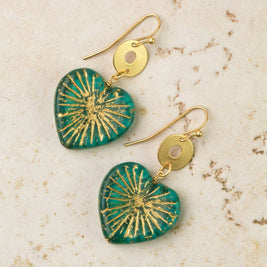 Czech Glass Heart Green Statement Earrings