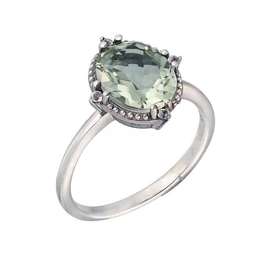 Green Amethyst w/ White Topaz and Silver Bead Accent Ring - Size 7.5