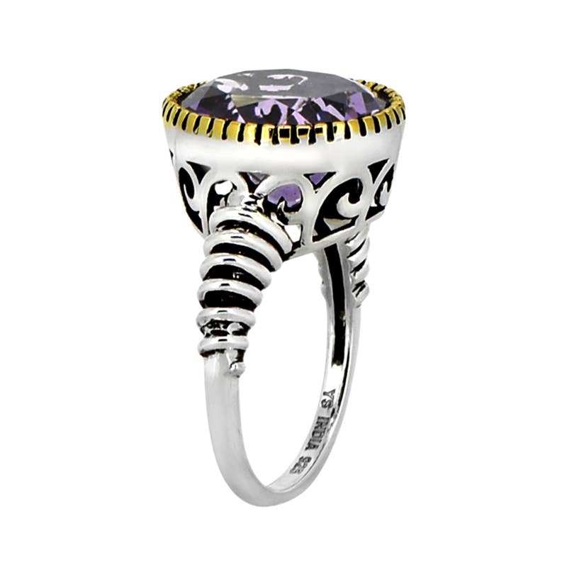 Oval Amethyst w/ Pen Plating and Ribbed Band Silver Ring - Size 9