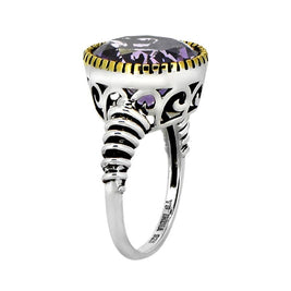 Oval Amethyst w/ Pen Plating and Ribbed Band Silver Ring - Size 9