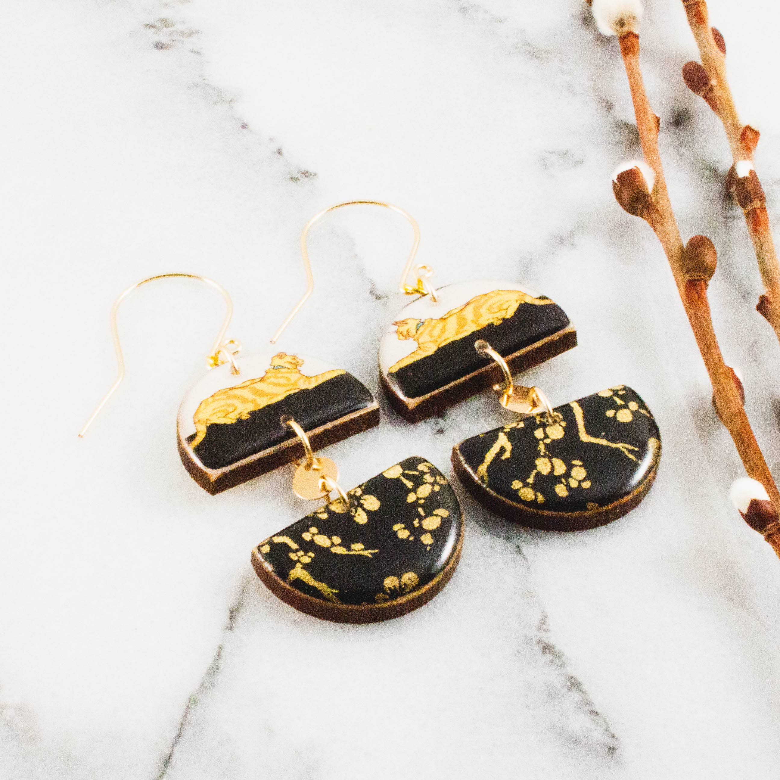 Art Nouveau Cat Half Circle Stack Earrings