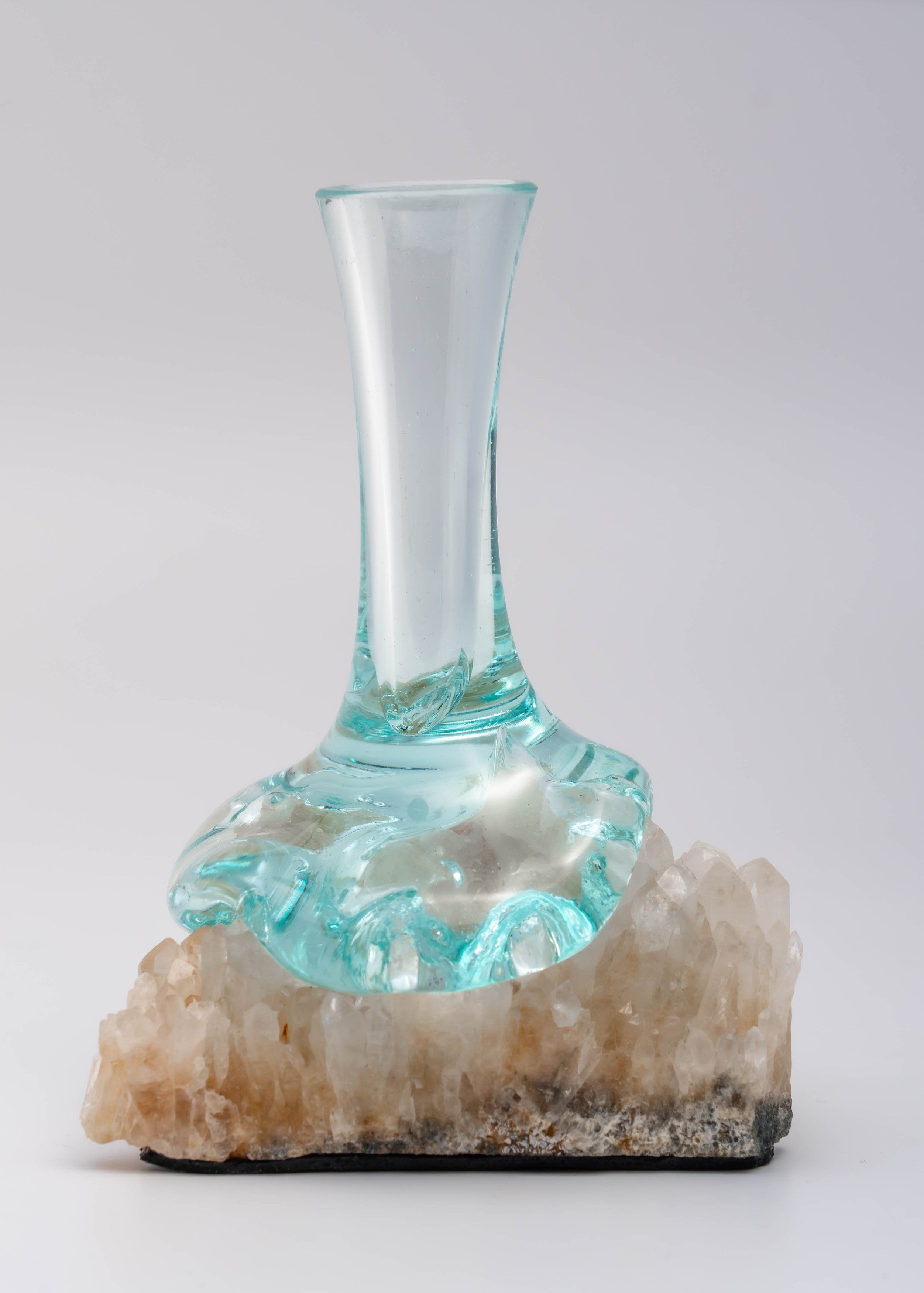 Hand Blown Melted Glass Vase on Quartz Crystal Cluster - Single Stem
