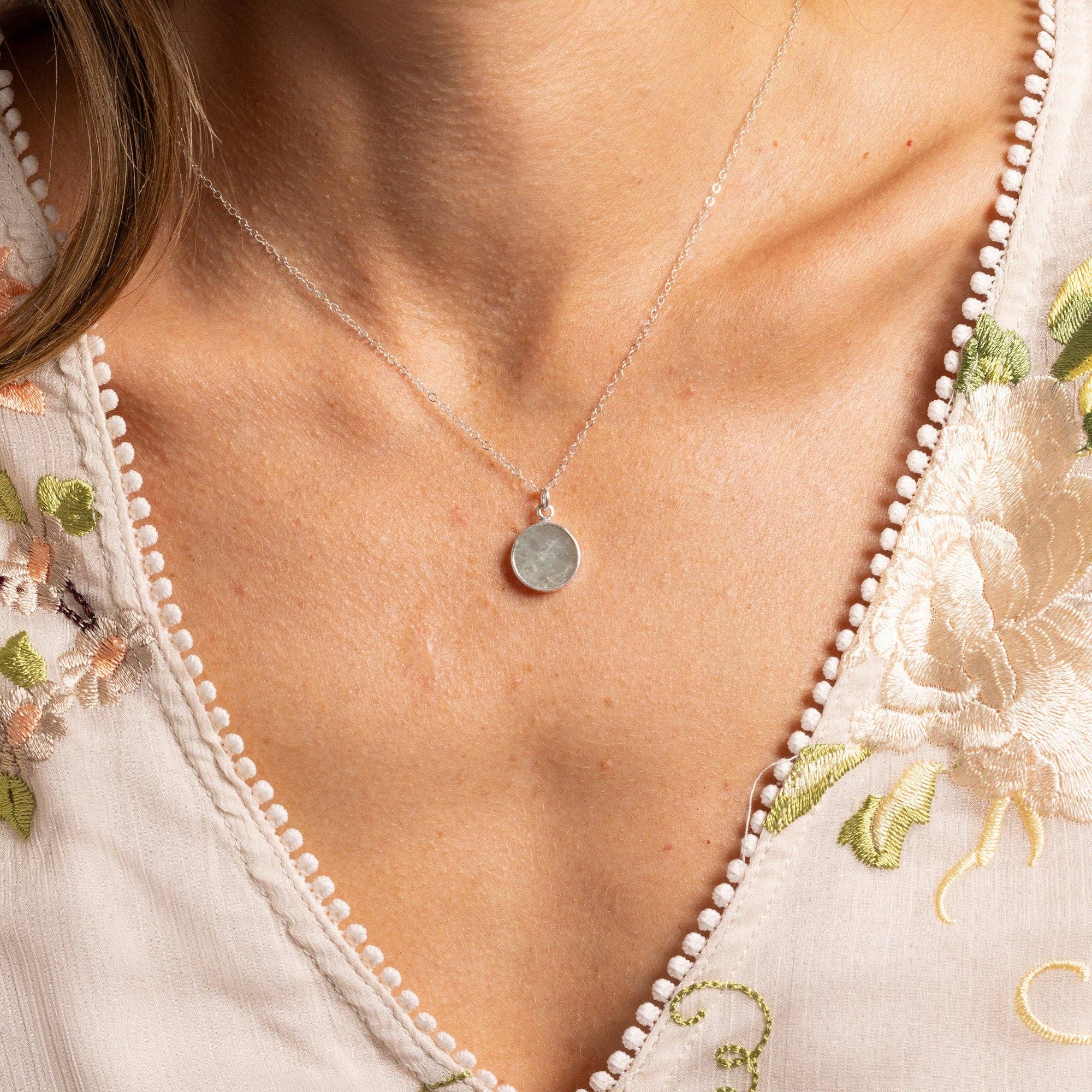 Aquamarine 925 Sterling Silver Round Disc Pendant Cable Chai