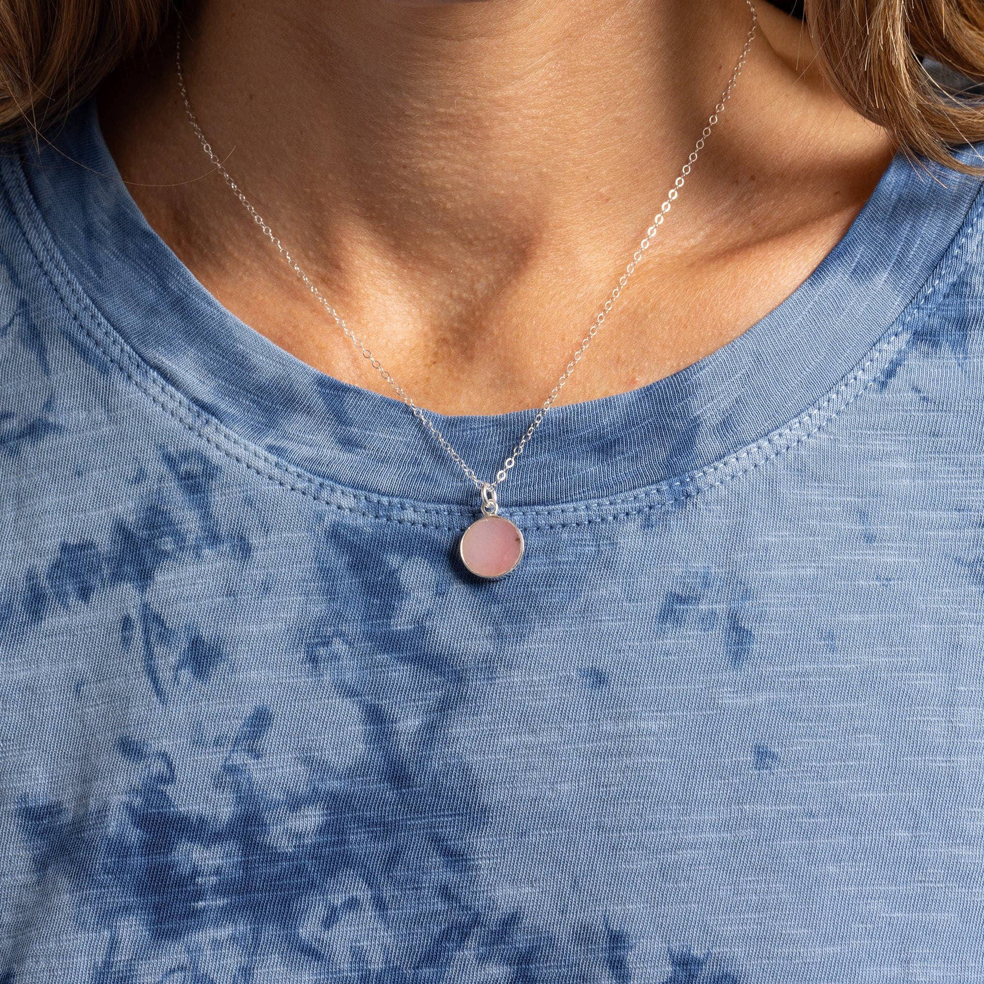 Pink Opal 925 Sterling Silver Circle Shape Pendant on Cable Chain