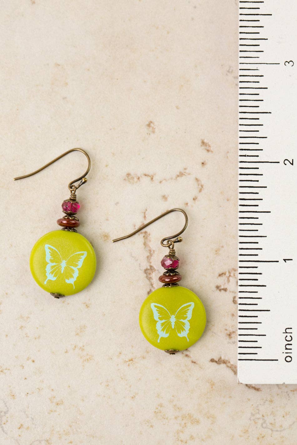 Czech Glass Lime Butterfly Print Simple Earrings