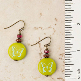 Czech Glass Lime Butterfly Print Simple Earrings
