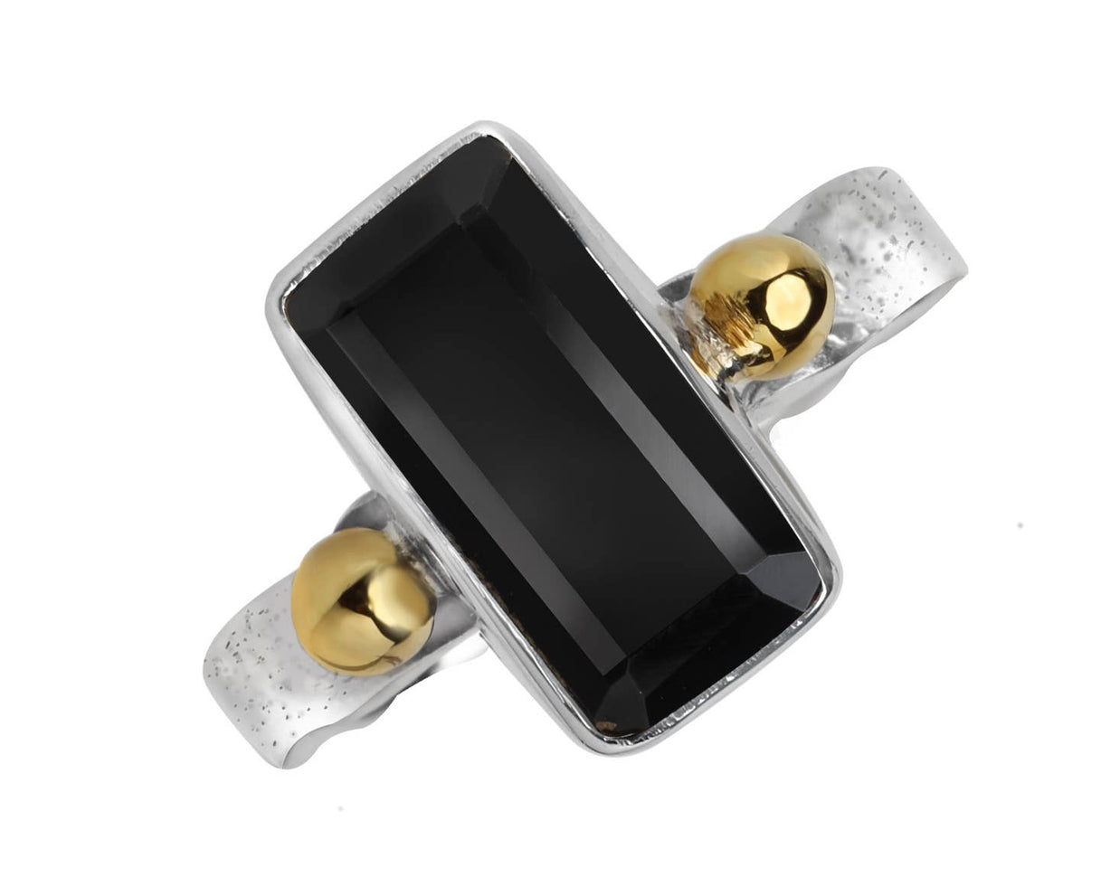 Emerald-Cut Black Onyx Silver Ring w/ Brass Accents - Size 7