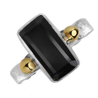 Emerald-Cut Black Onyx Silver Ring w/ Brass Accents - Size 7