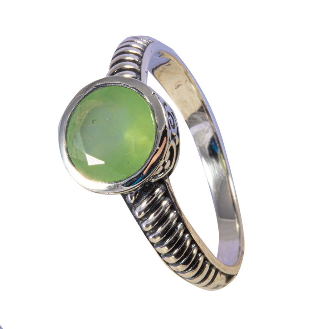 Round Faceted Green Chalcedony Sterling Ring - Size 6