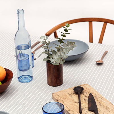 Dusty Blue Striped Tablecloth - Upcycled Cotton