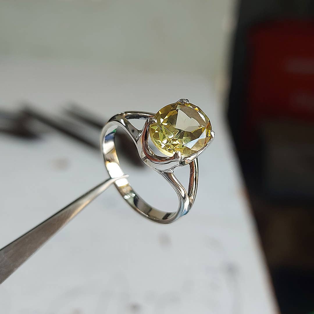 Sterling Gem Ring  - Hand Cut  Oval Lemon Topaz