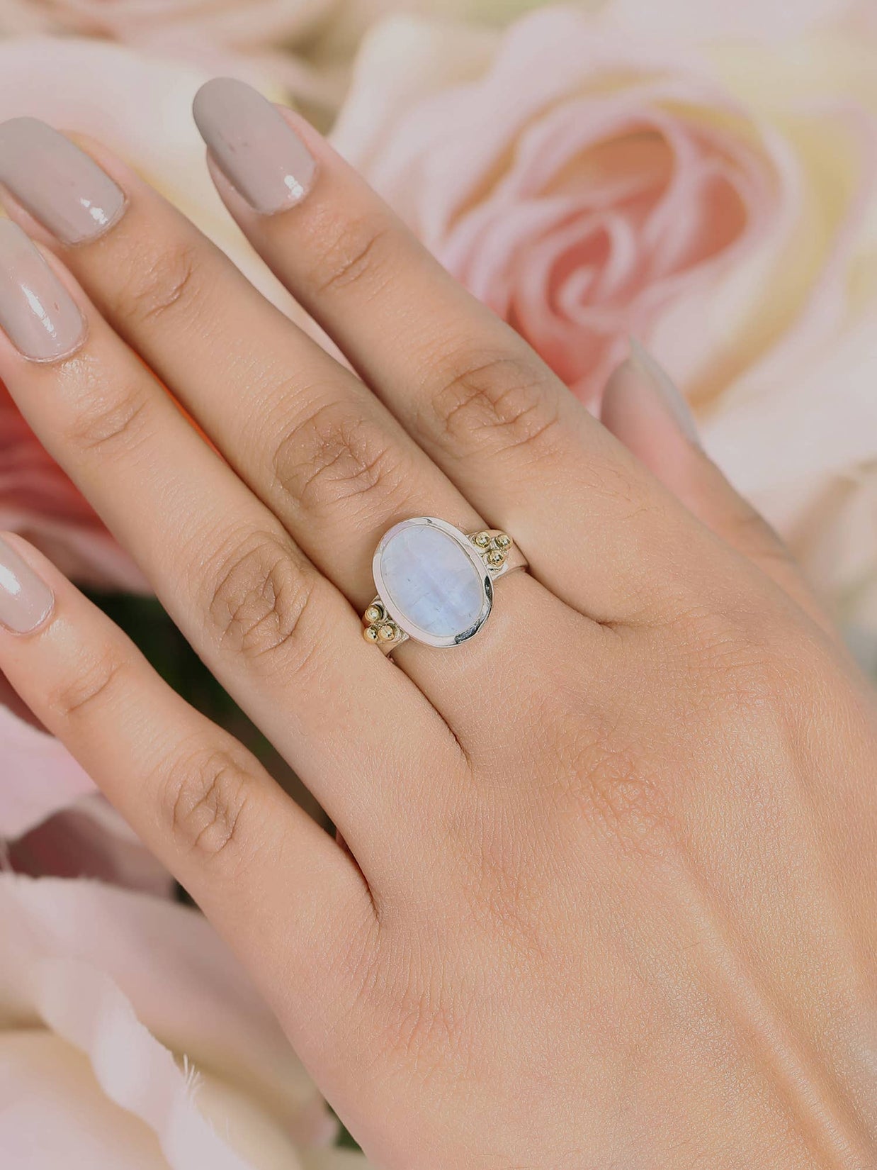 Moonstone Solitaire Silver Ring w/ Brass Accent - Size 9