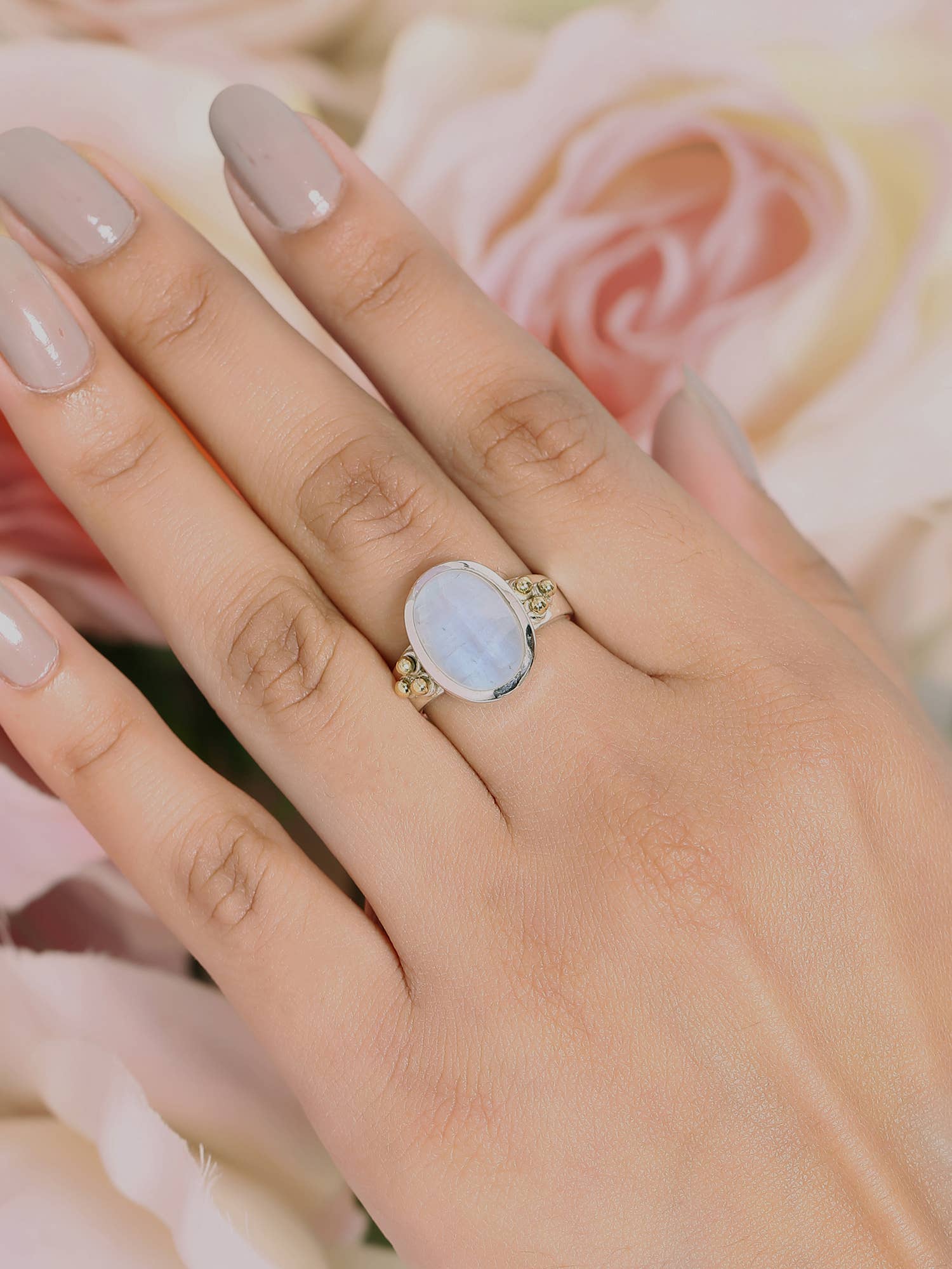 Moonstone Solitaire Silver Ring w/ Brass Accent - Size 9