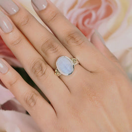 Moonstone Solitaire Silver Ring w/ Brass Accent - Size 9