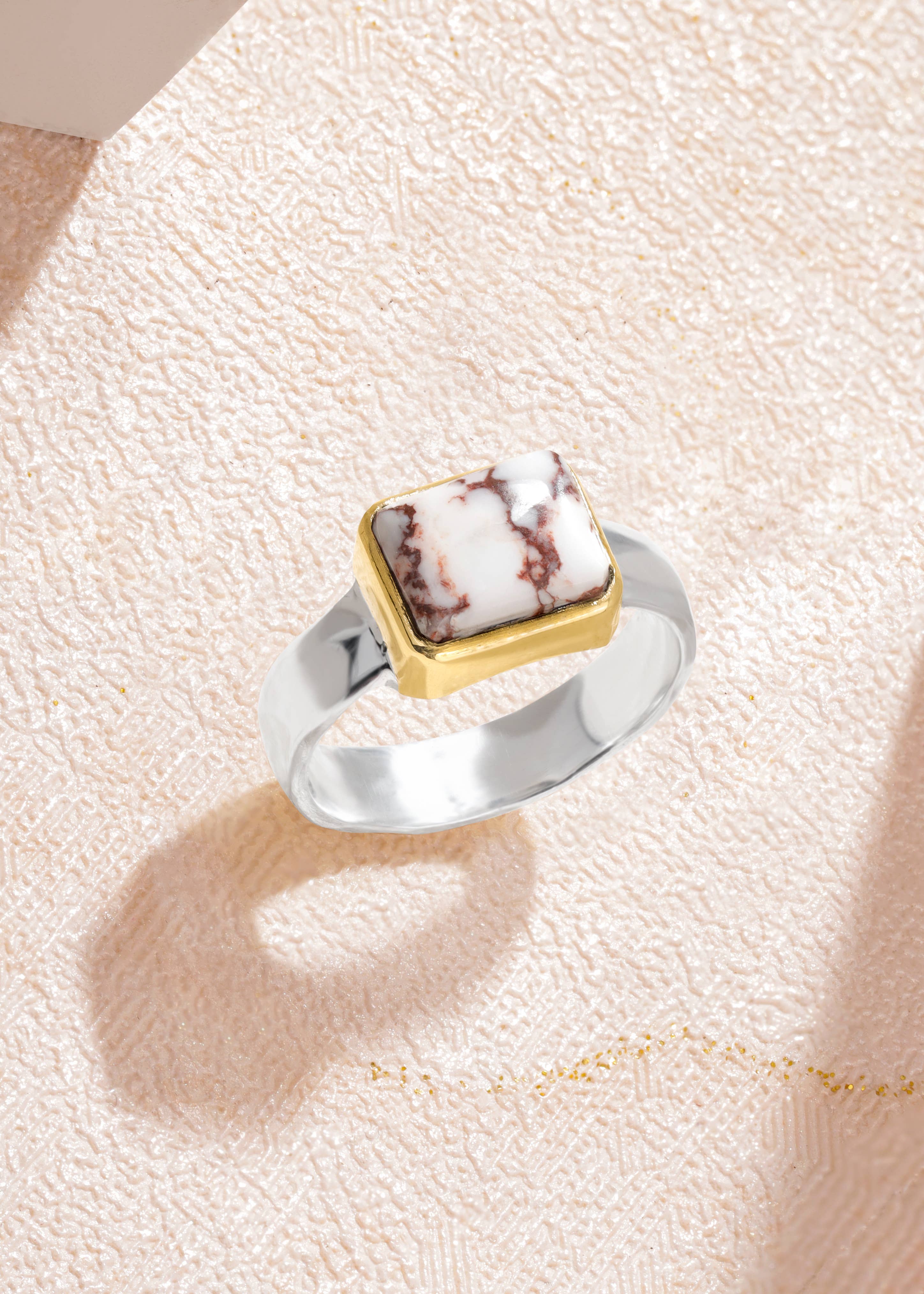 Wild Horse Silver Ring w/ Brass Bezel and Faceted Band - Size 8.5