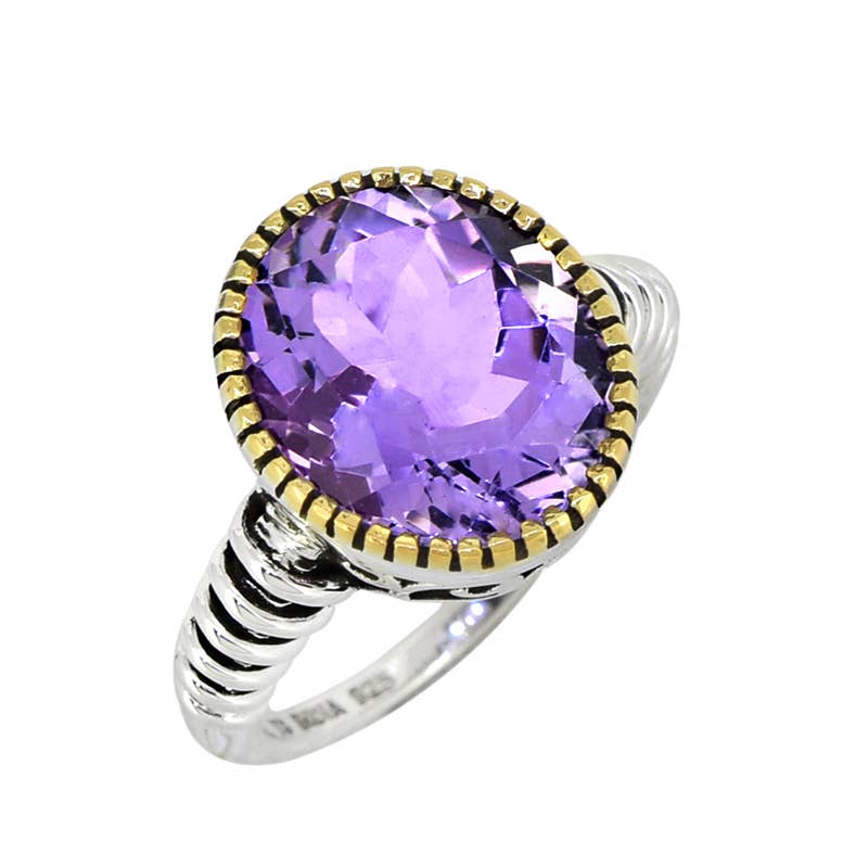 Oval Amethyst w/ Pen Plating and Ribbed Band Silver Ring - Size 9