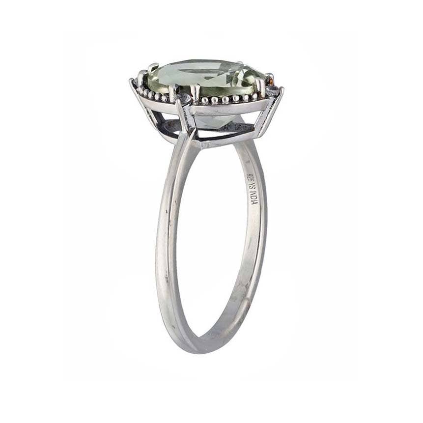 Green Amethyst w/ White Topaz and Silver Bead Accent Ring - Size 7.5