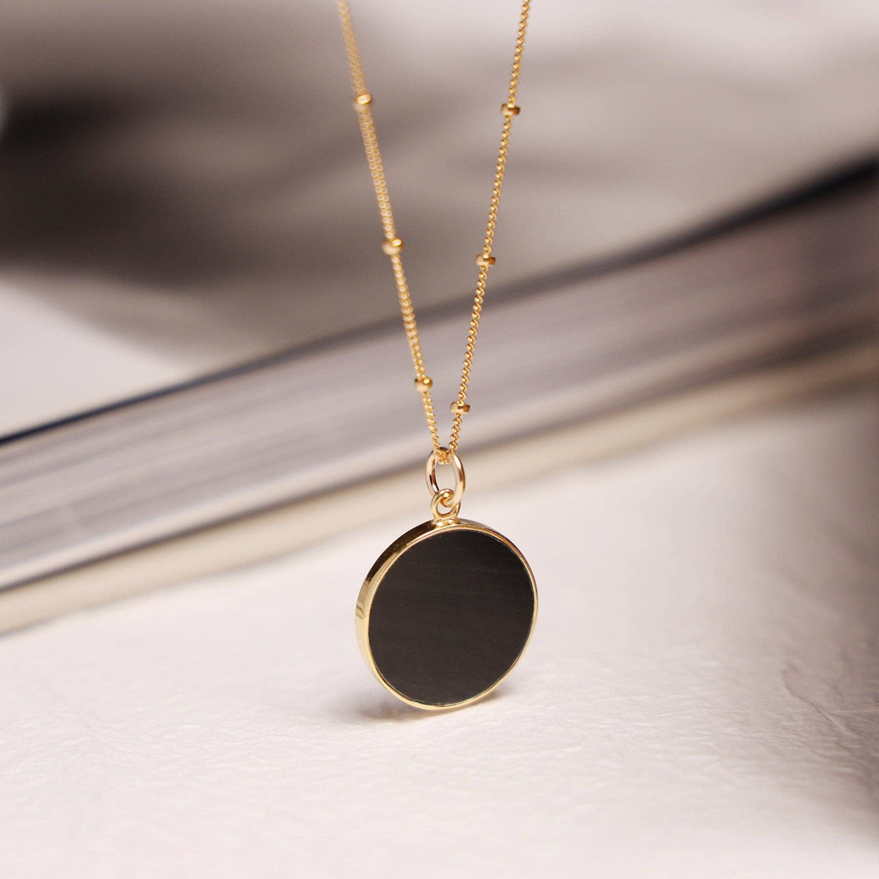 Black Obsidian Gold Circle Necklace (Satellite Chain)