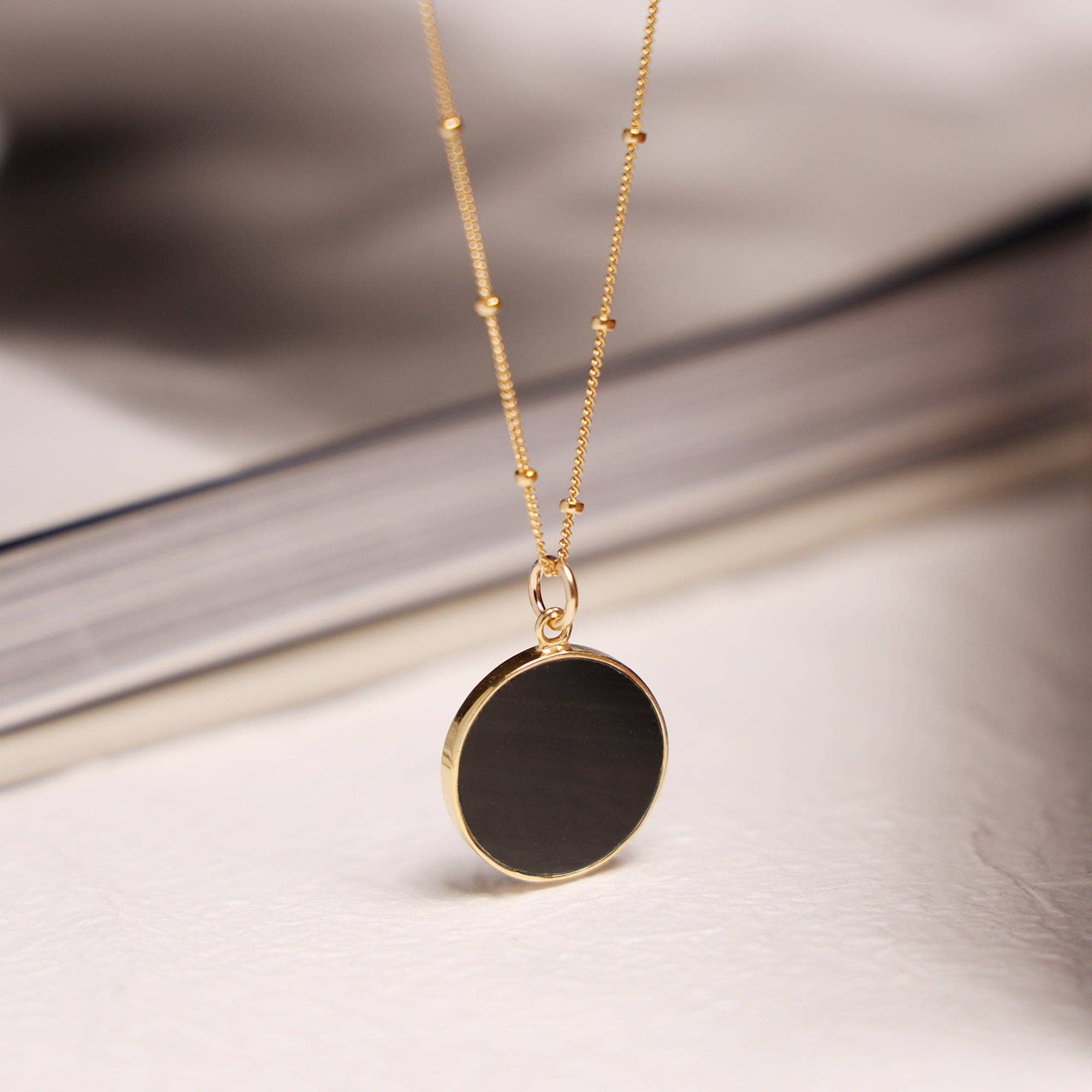Black Obsidian Gold Circle Necklace (Satellite Chain)