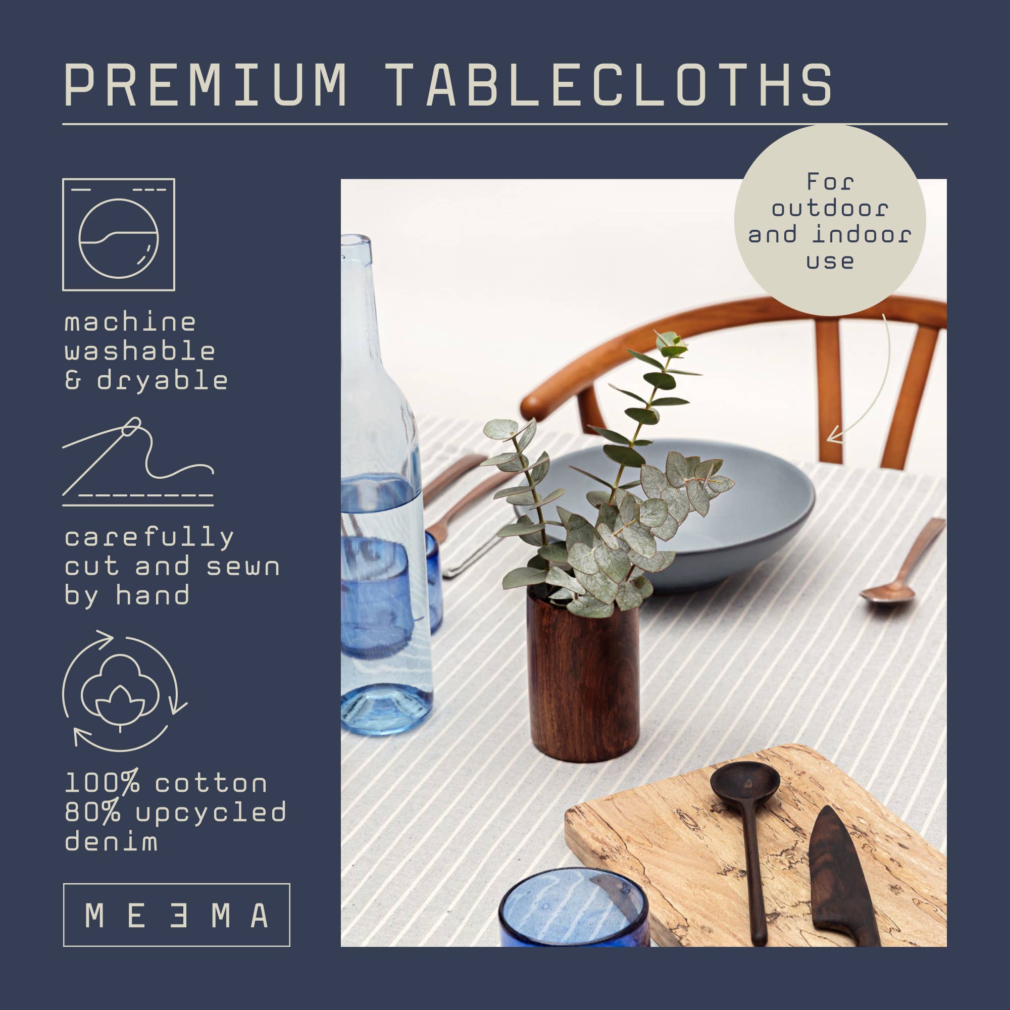 Dusty Blue Striped Tablecloth - Upcycled Cotton