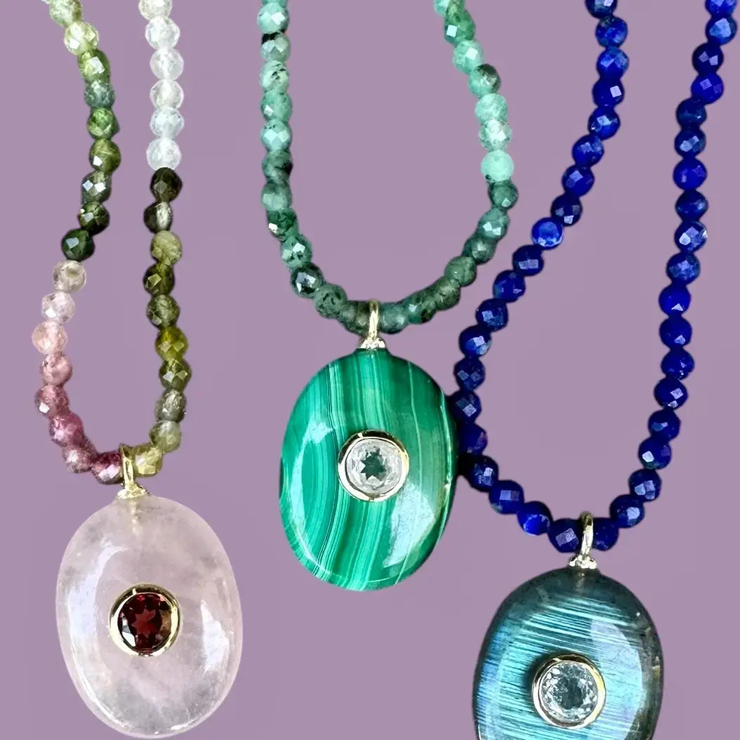 Triple Gemstone Beaded Choker-Malachite, Emerald & Topaz