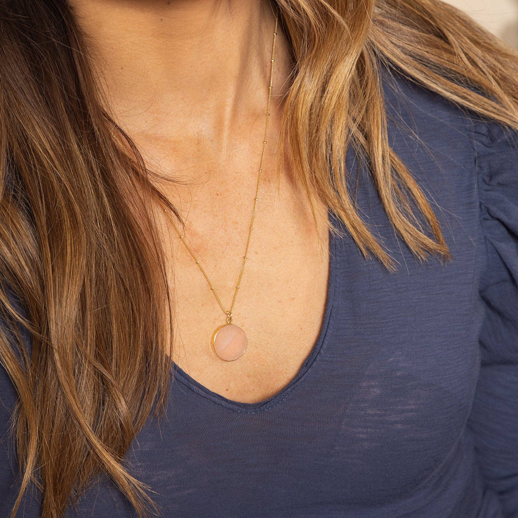 Rose Quartz Round Disc Gold Necklace (Satellite Chain)