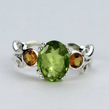 Peridot Smoky Quartz Three Stone Sterling Silver Ring - Size 8.5