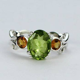 Peridot Smoky Quartz Three Stone Sterling Silver Ring - Size 8.5