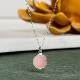 Pink Opal 925 Sterling Silver Circle Shape Pendant on Cable Chain