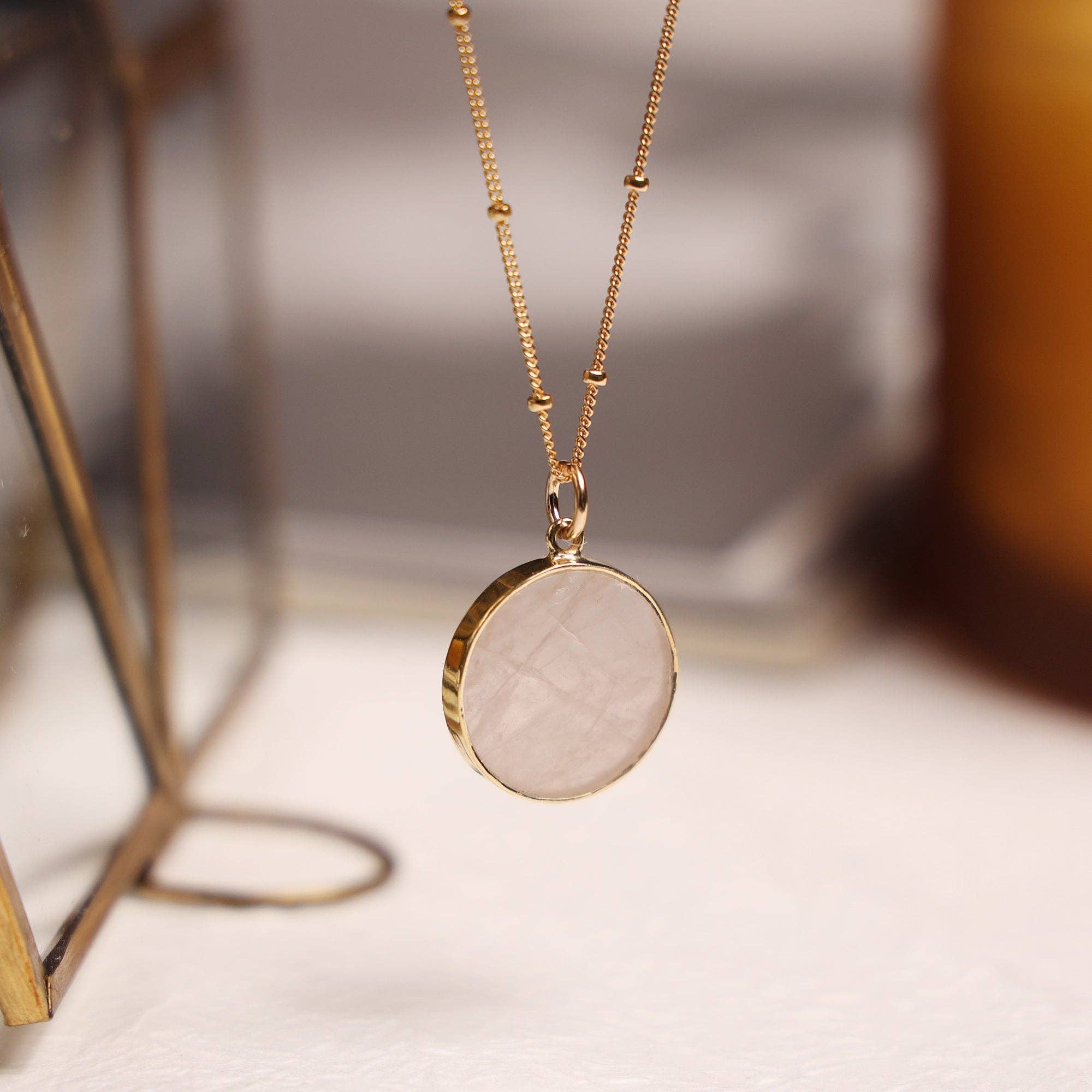Rose Quartz Round Disc Gold Necklace (Satellite Chain)