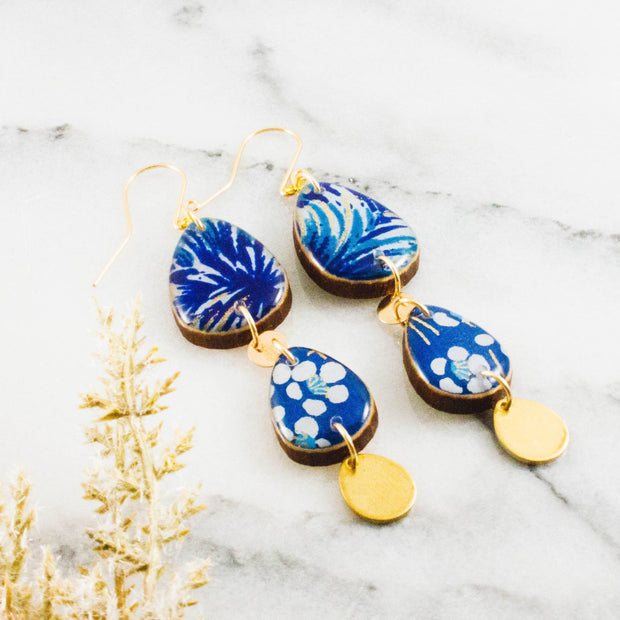Triple Long Raindrop Earrings- Royal Blue + Gold