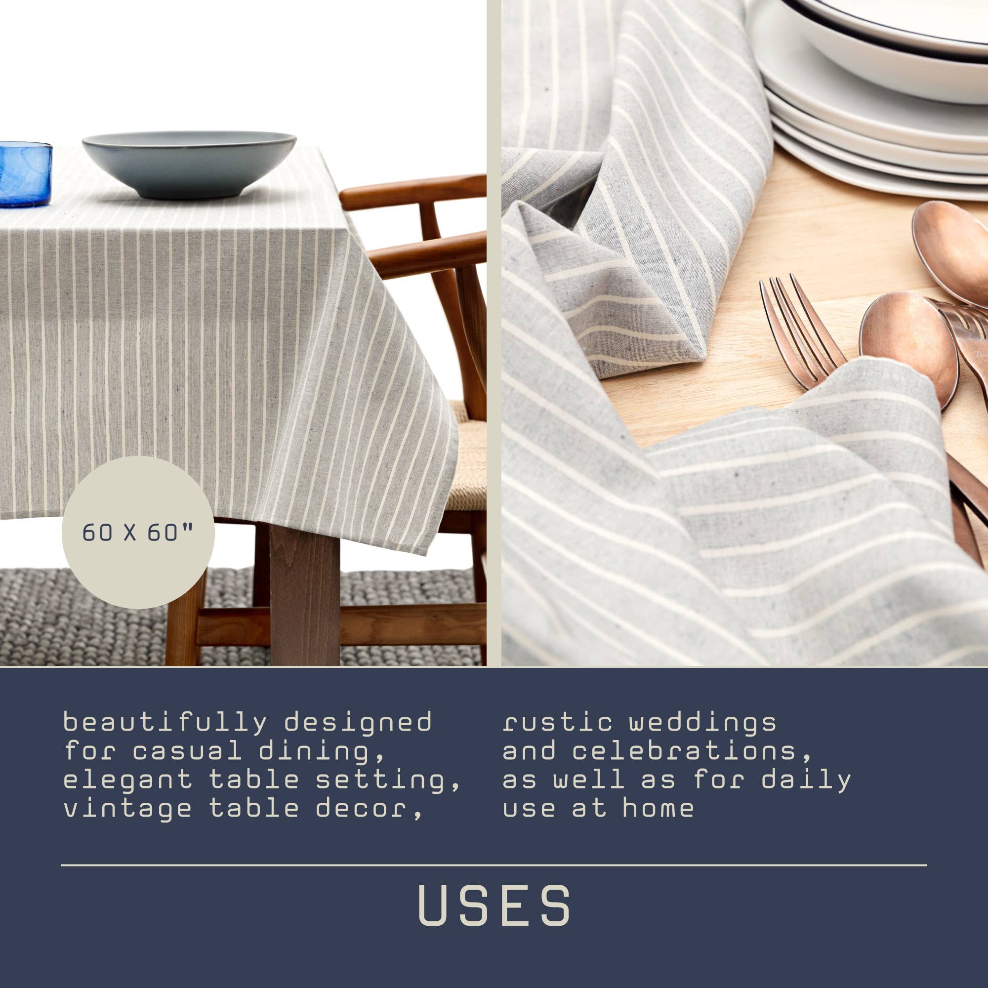 Dusty Blue Striped Tablecloth - Upcycled Cotton