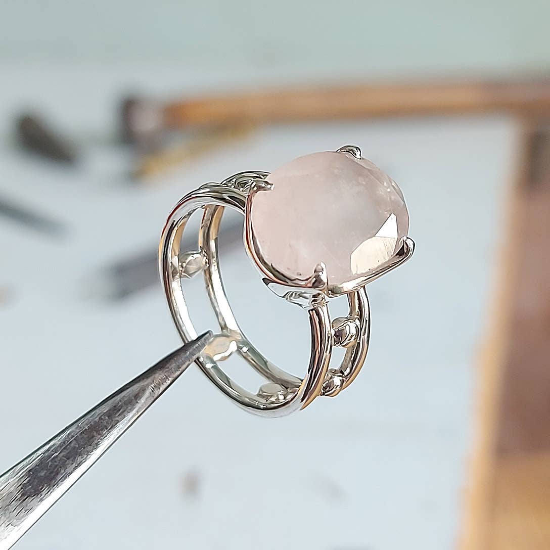 Two Band Sterling Ring - Faceted Rose Quartz