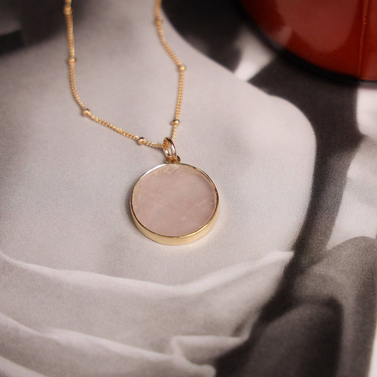 Rose Quartz Round Disc Gold Necklace (Satellite Chain)