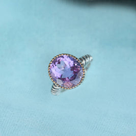 Oval Amethyst w/ Pen Plating and Ribbed Band Silver Ring - Size 9