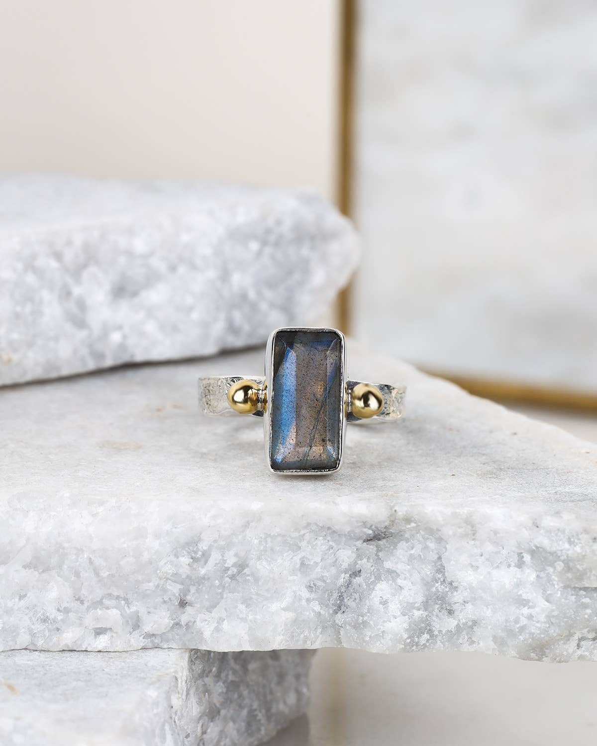 Labradorite Sterling Silver Ring with Brass Accents - Size 8
