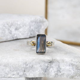Labradorite Sterling Silver Ring with Brass Accents - Size 8