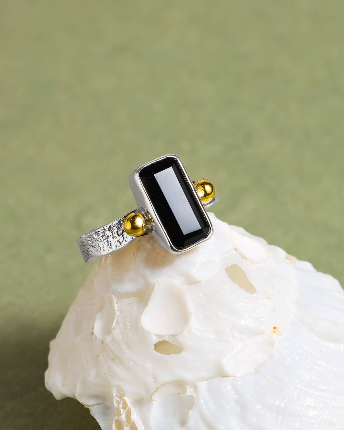 Emerald-Cut Black Onyx Silver Ring w/ Brass Accents - Size 7