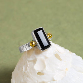 Emerald-Cut Black Onyx Silver Ring w/ Brass Accents - Size 7