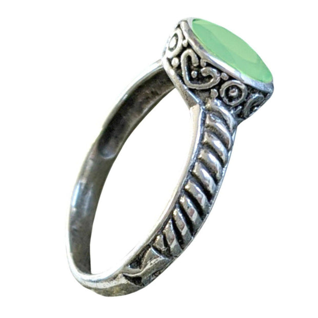 Round Faceted Green Chalcedony Sterling Ring - Size 6