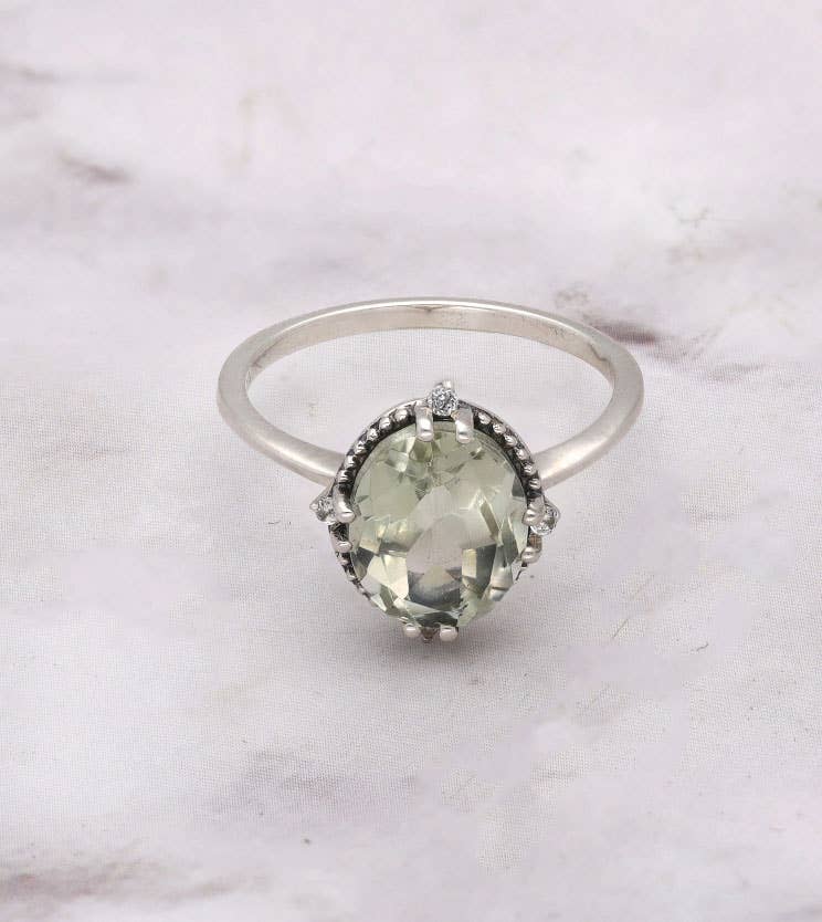 Green Amethyst w/ White Topaz and Silver Bead Accent Ring - Size 7.5