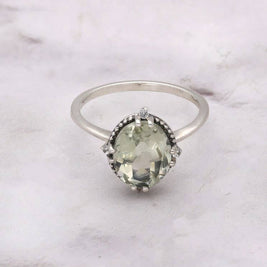Green Amethyst w/ White Topaz and Silver Bead Accent Ring - Size 7.5
