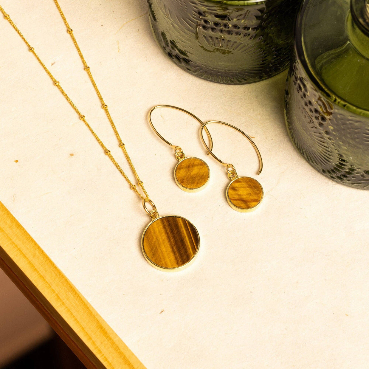 Tiger's Eye Round Circle Necklace and Earrings Set (Satellite Chain)